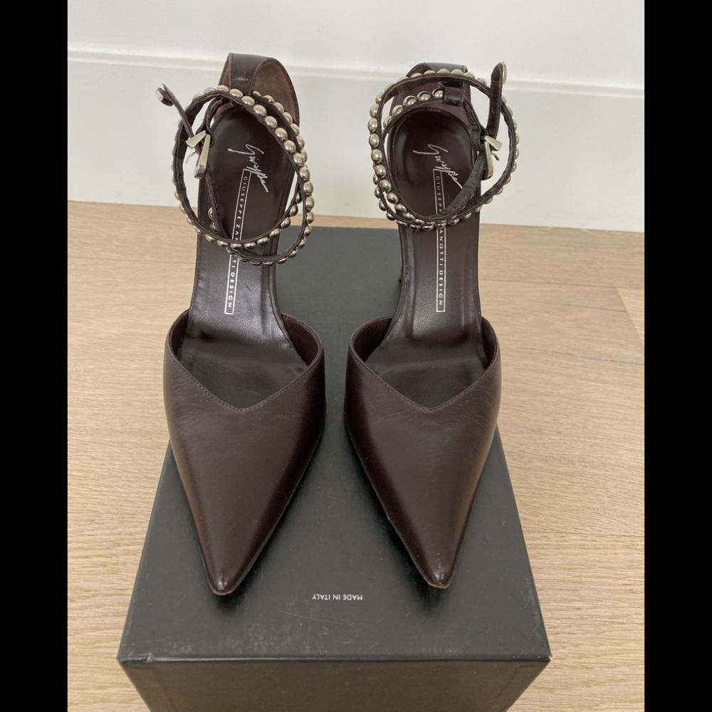 GIUSEPPE ZANOTTI Brown Kiss Studded Ankle Strap Heels 5.5